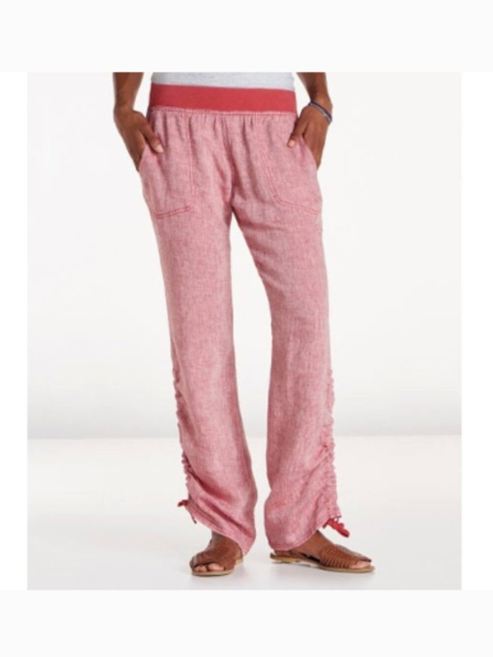 Toad&Co Linen Pull On Pants M Red Pink Cinch Ankle Adjustable Boho Beach Pockets